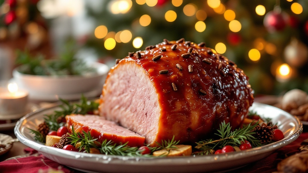 Sweet and Savory Glazed Ham Recipe A succulent glazed ham on a platter, garnished with herbs, ready to be served at a festive dinner.